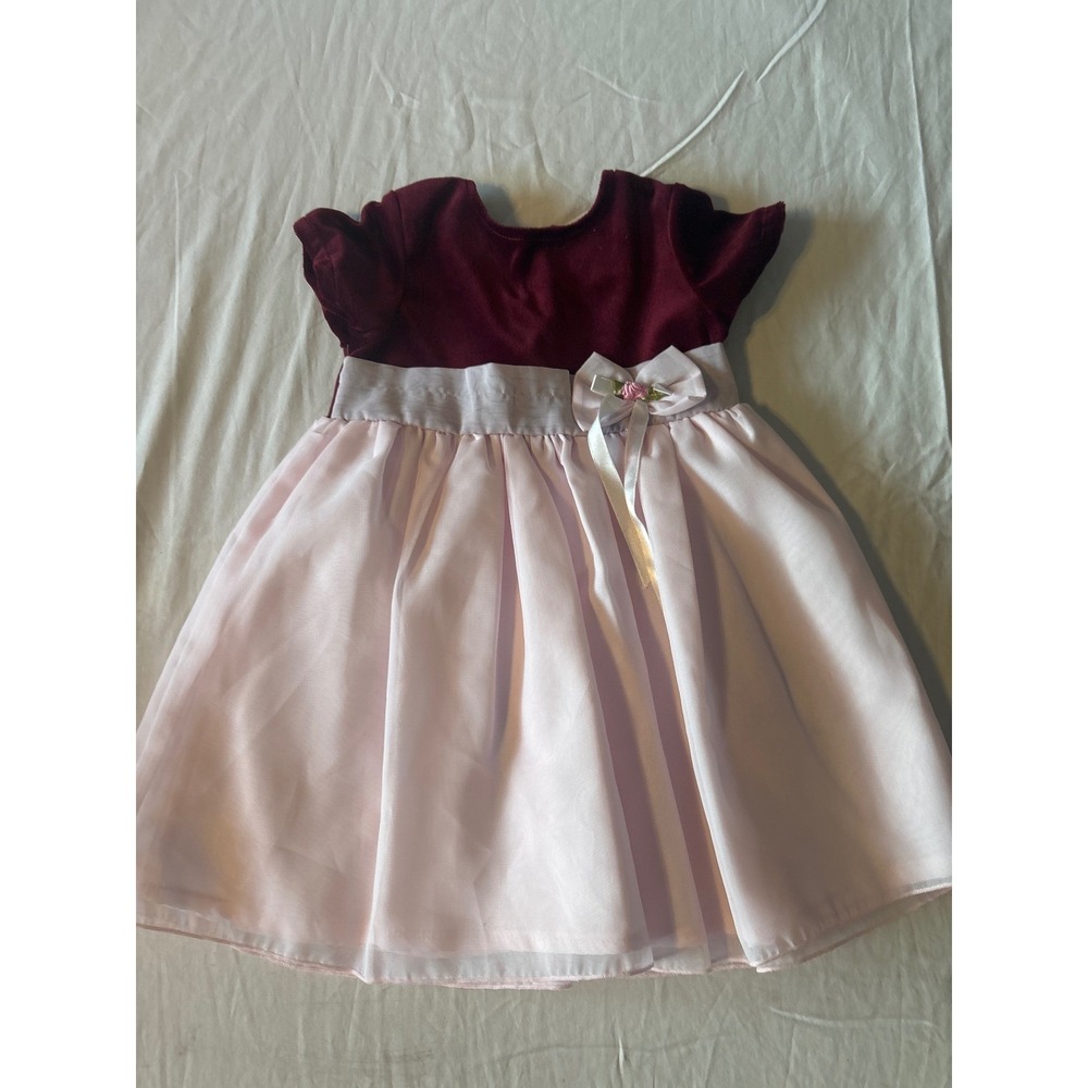 Little‎ Lindsey Velvet Satin Dress Baby Girl 12M Burgundy Pink Excellent Holiday